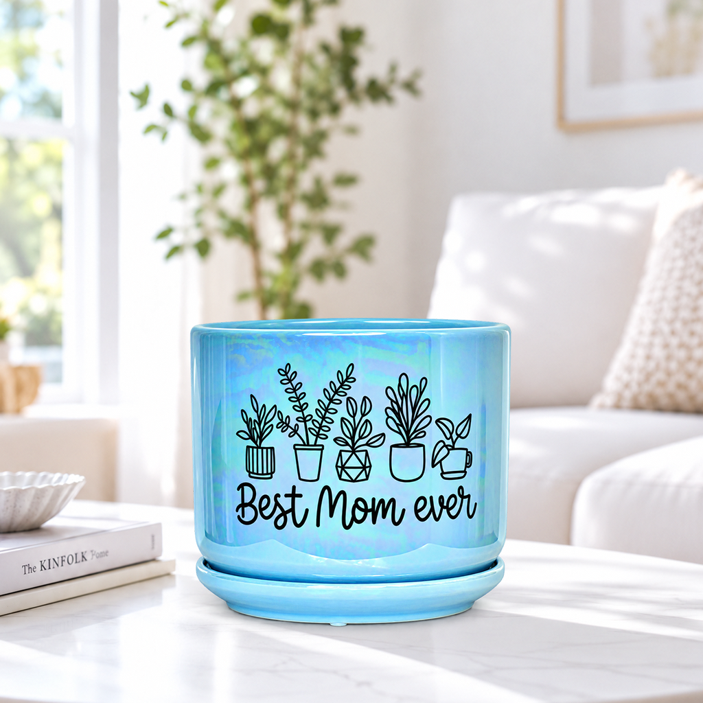 Iridescent Blue Ceramic Pot - Best Mom Ever