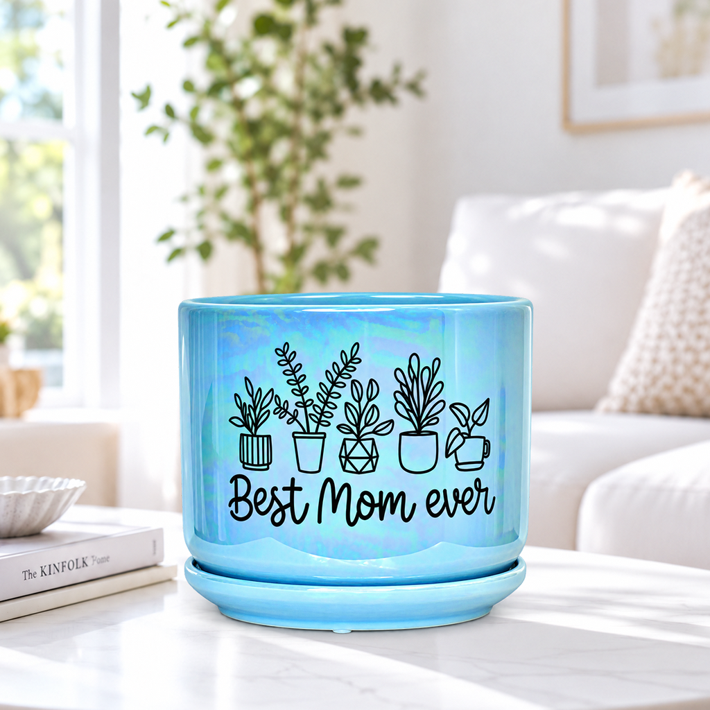 Iridescent Blue Ceramic Pot - Best Mom Ever