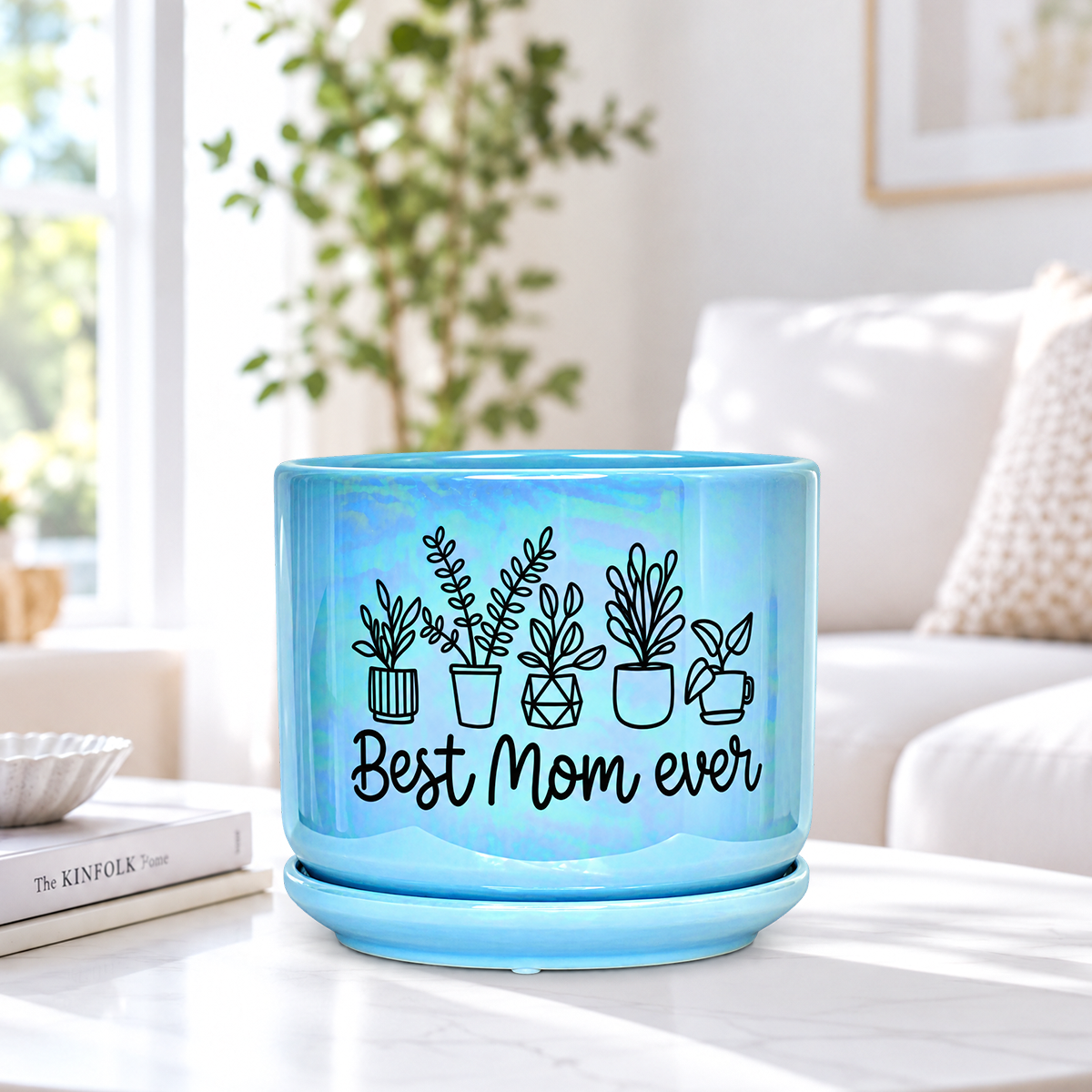 Iridescent Blue Ceramic Pot - Best Mom Ever