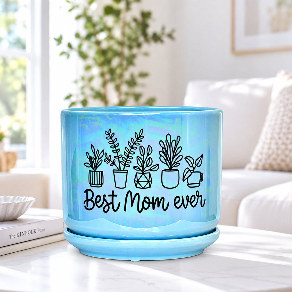 Iridescent Blue Ceramic Pot - Best Mom Ever