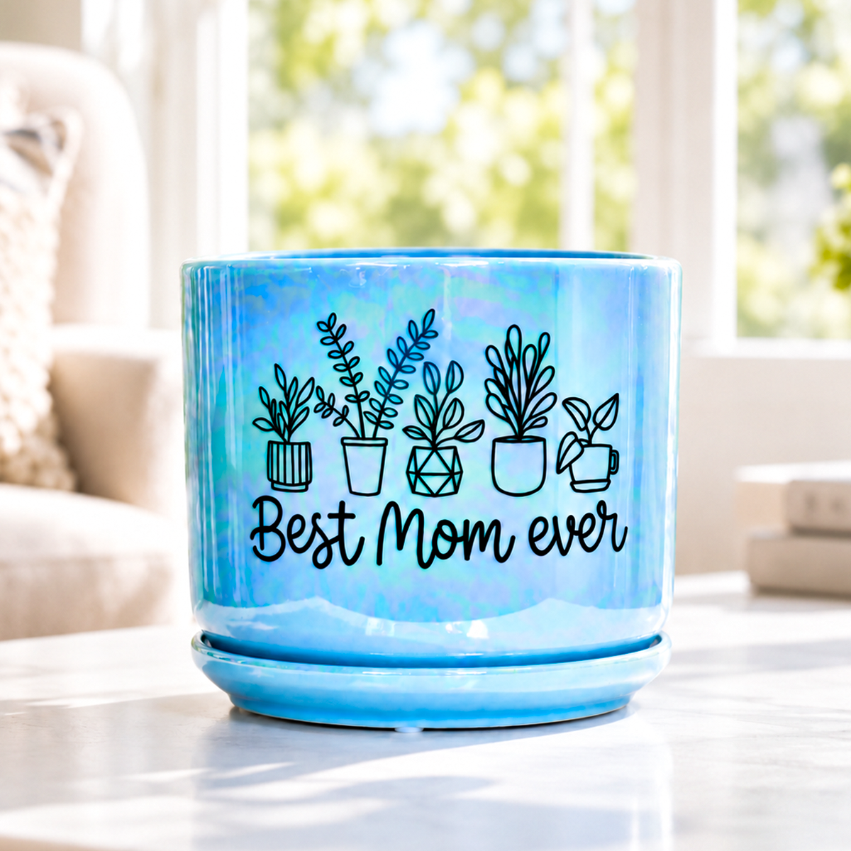 Iridescent Blue Ceramic Pot - Best Mom Ever