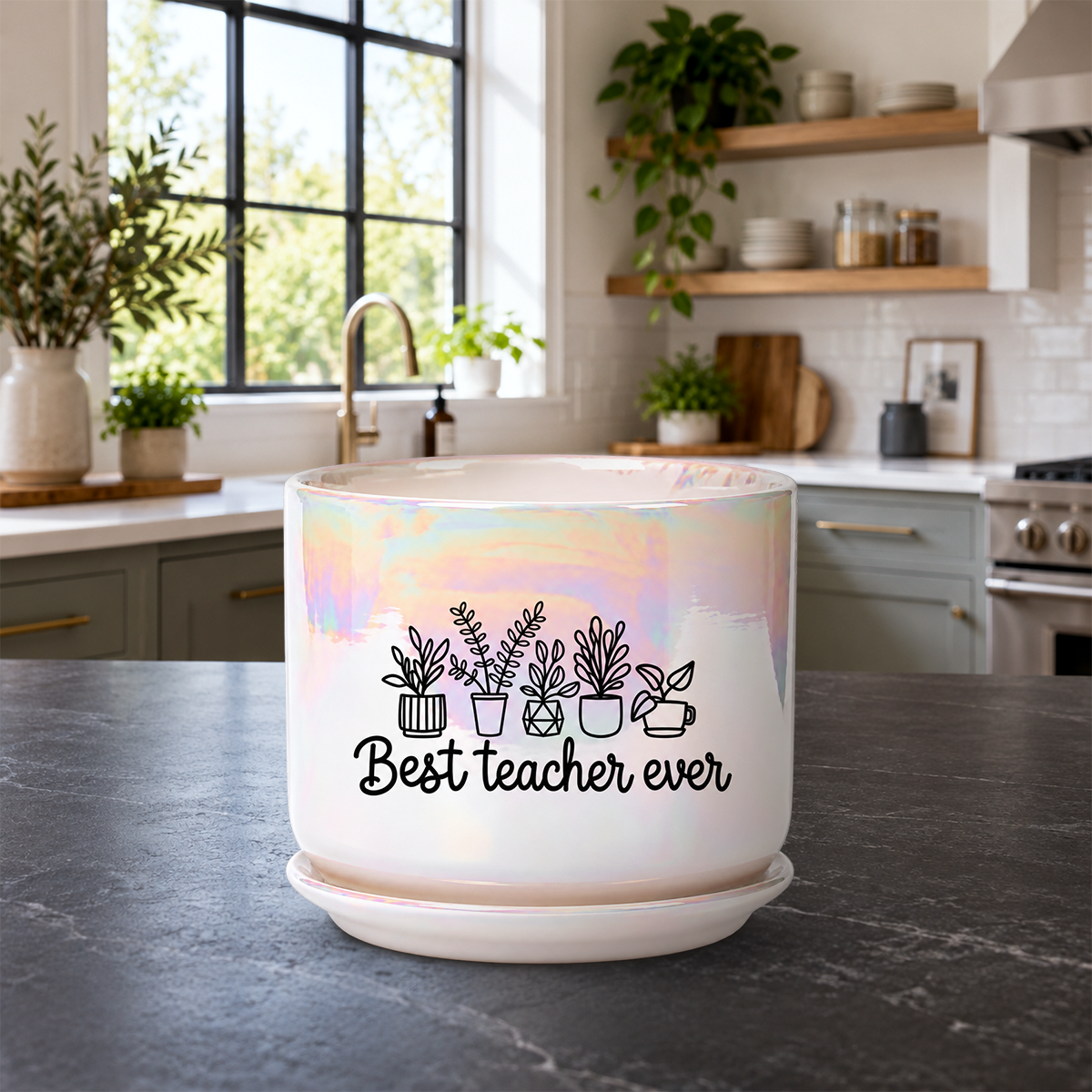 Iridescent White Ceramic Pot - Best Teacher Ever