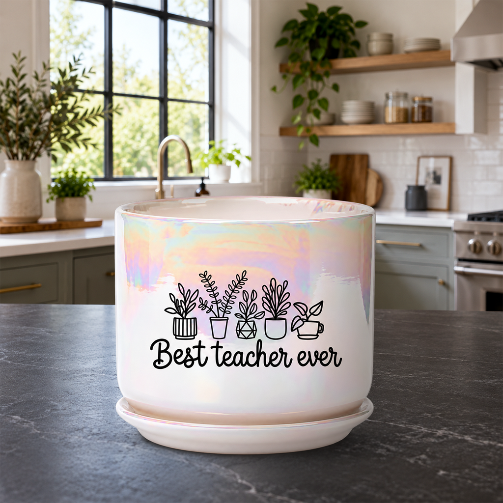 Iridescent White Ceramic Pot - Best Teacher Ever