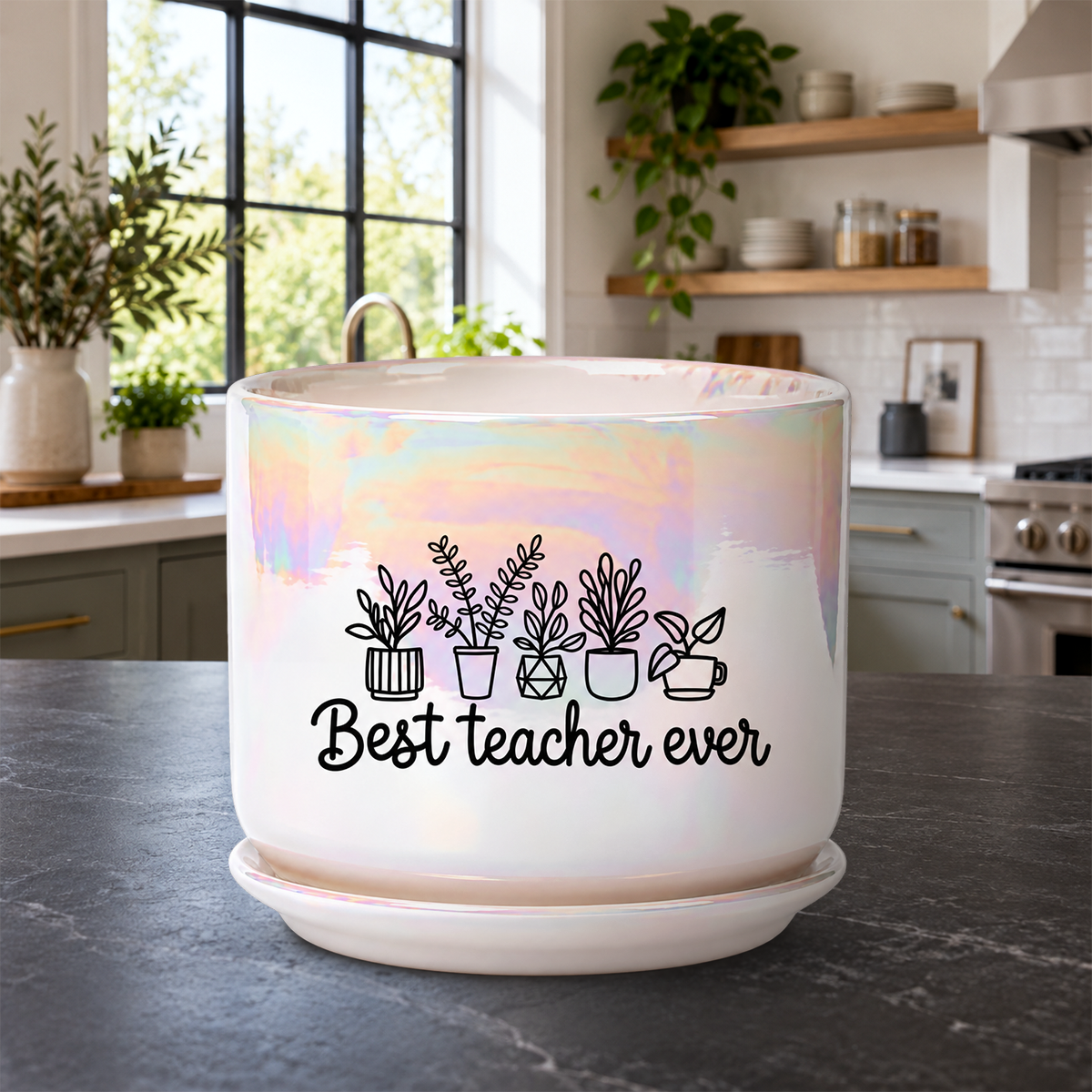 Iridescent White Ceramic Pot - Best Teacher Ever