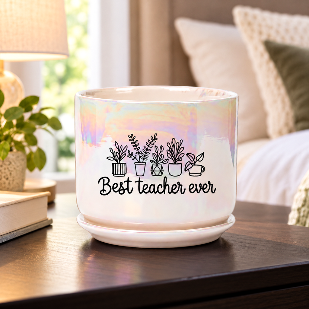Iridescent White Ceramic Pot - Best Teacher Ever