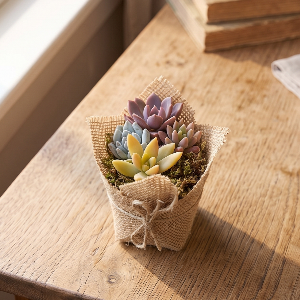 Mini Succulent Favors in Burlap