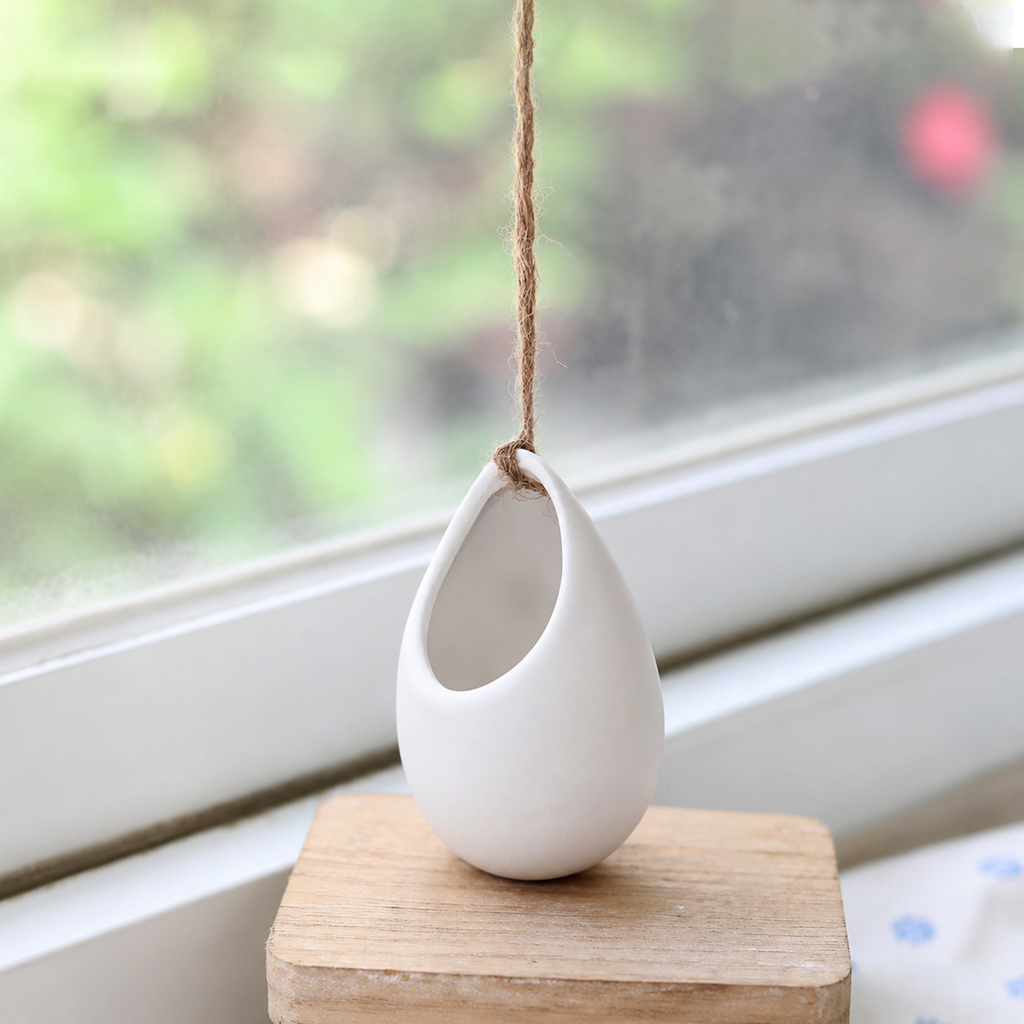Ivory Ceramic Hanging Planter With Flat Bottom