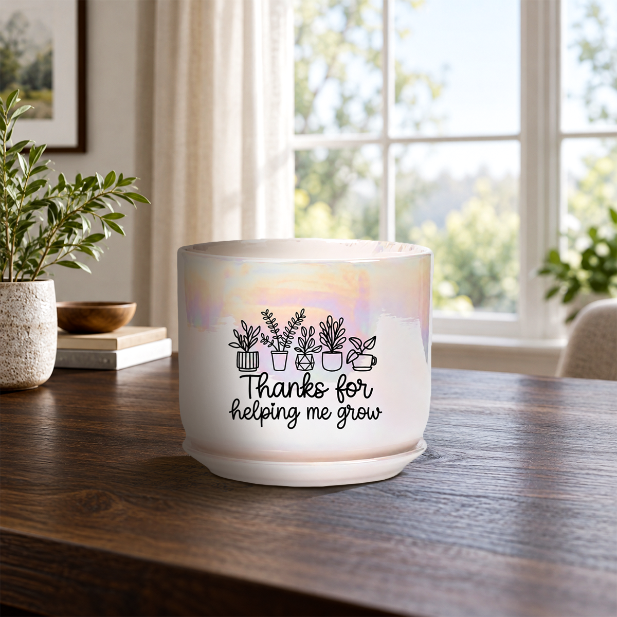 Iridescent White Ceramic Pot - Thanks For Helping Me Grow