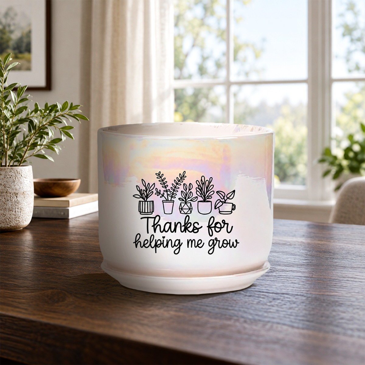 Iridescent White Ceramic Pot - Thanks For Helping Me Grow