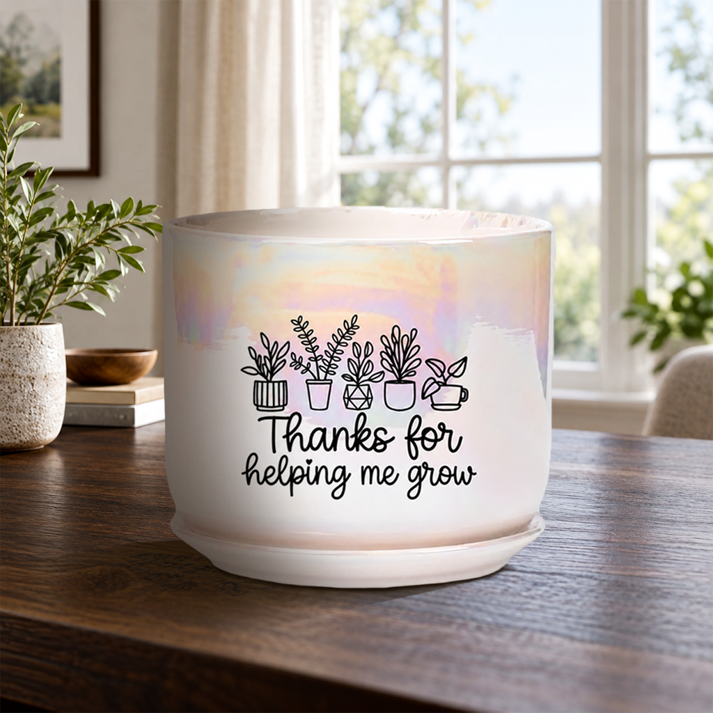 Iridescent White Ceramic Pot - Thanks For Helping Me Grow