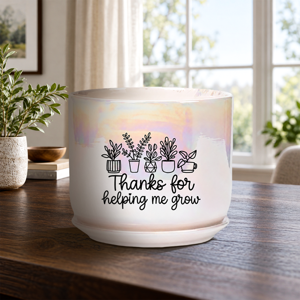 Iridescent White Ceramic Pot - Thanks For Helping Me Grow