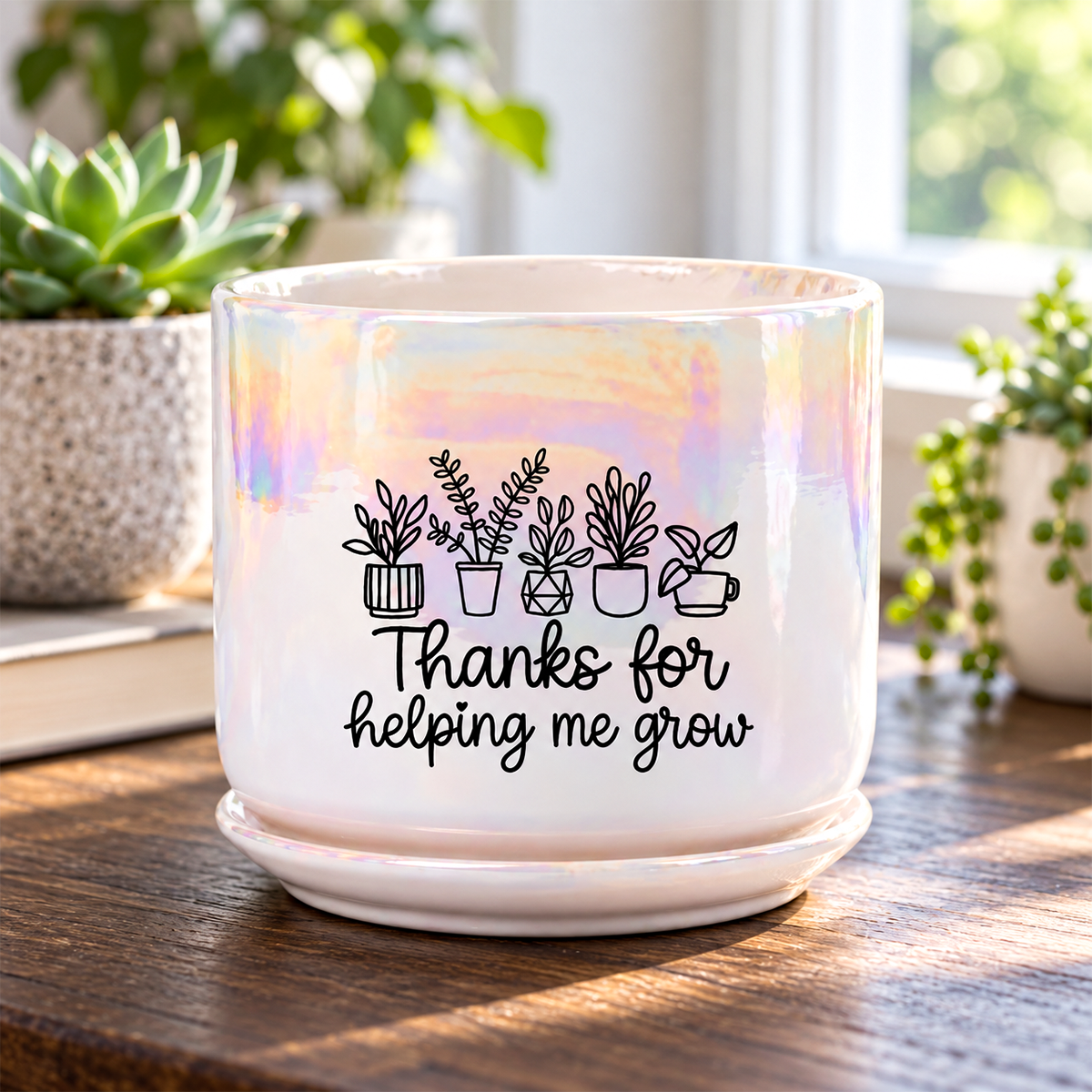 Iridescent White Ceramic Pot - Thanks For Helping Me Grow