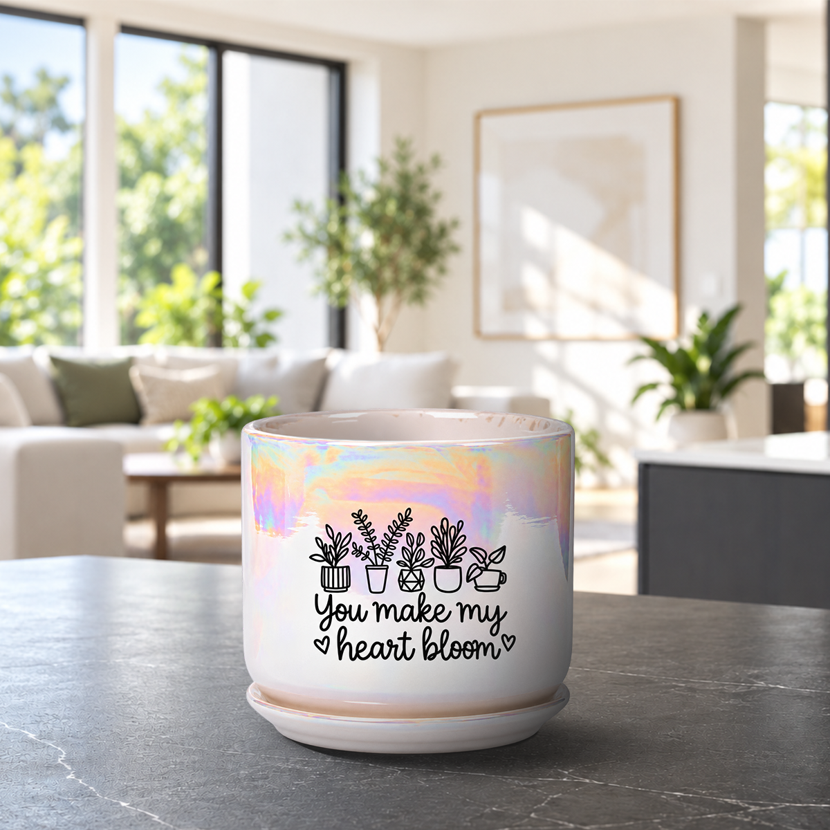 Iridescent White Ceramic Pot - You Make my Heart Bloom