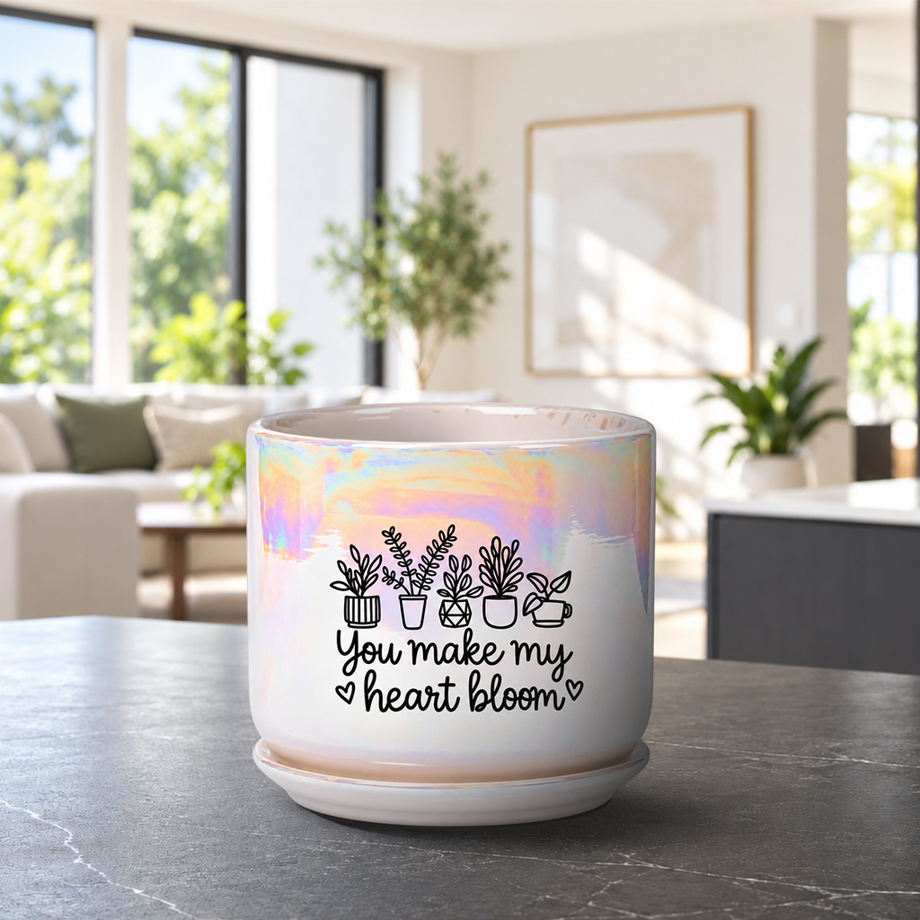 Iridescent White Ceramic Pot - You Make my Heart Bloom