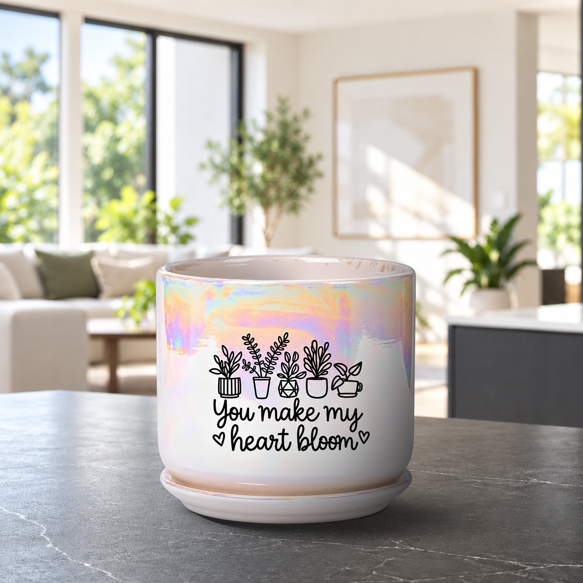 Iridescent White Ceramic Pot - You Make my Heart Bloom