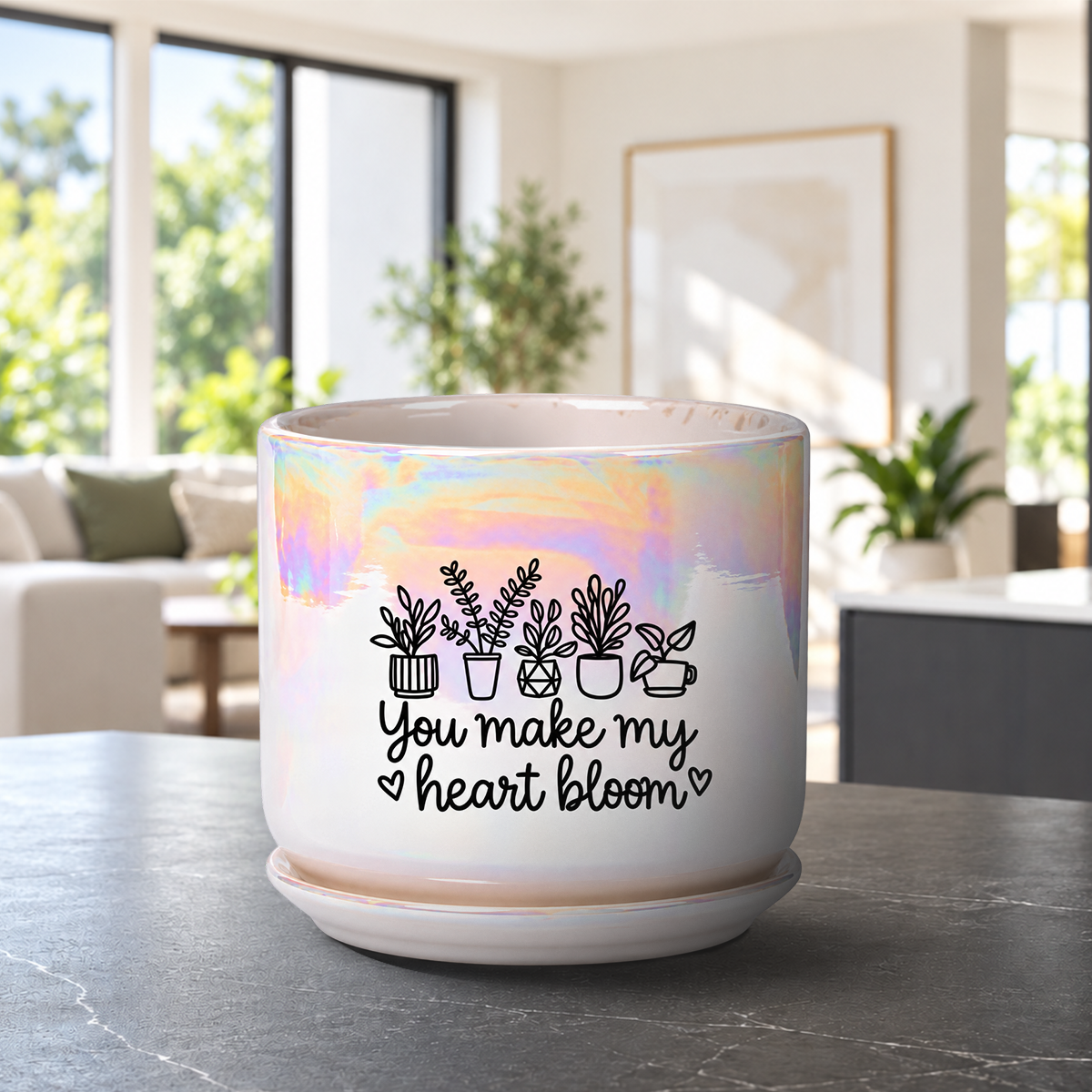Iridescent White Ceramic Pot - You Make my Heart Bloom