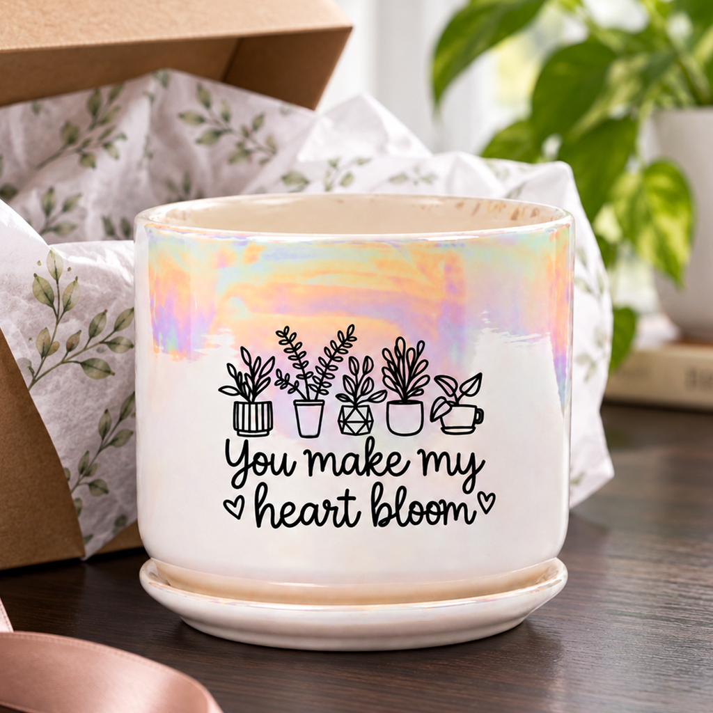 Iridescent White Ceramic Pot - You Make my Heart Bloom