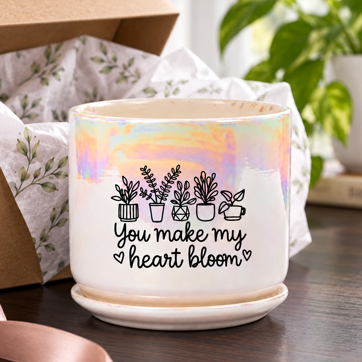 Iridescent White Ceramic Pot - You Make my Heart Bloom